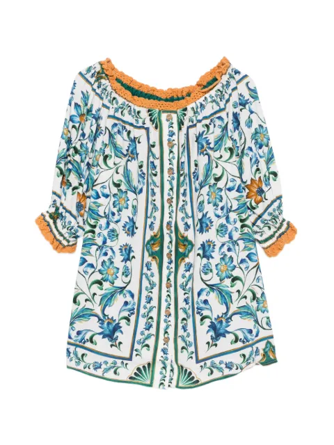 FARM Rio Flora Tile floral-print crochet-trim mini dress