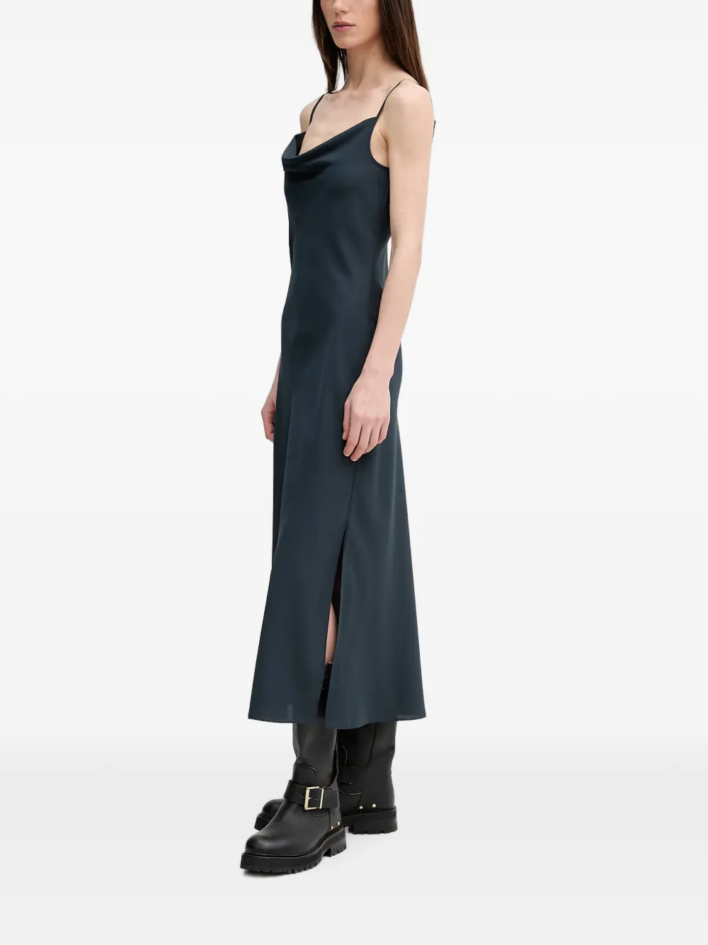 AllSaints Hadley maxi-jurk met zijsplit en col Blauw