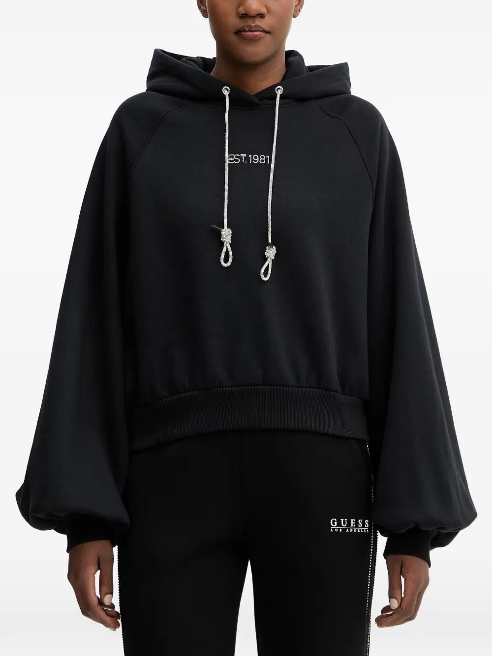 GUESS USA rhinestone-embellished raglan-sleeve hoodie - Nero
