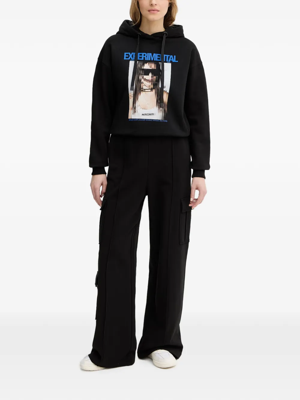 Patrizia Pepe Sweater met capuchon en grafische print Zwart