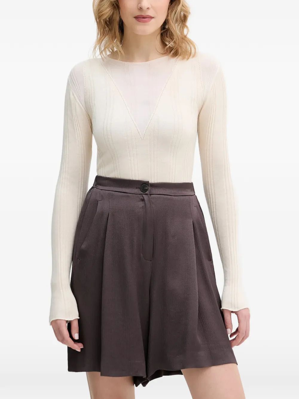 PINKO Geripptes T-Shirt mit V-Ausschnitt - Nude