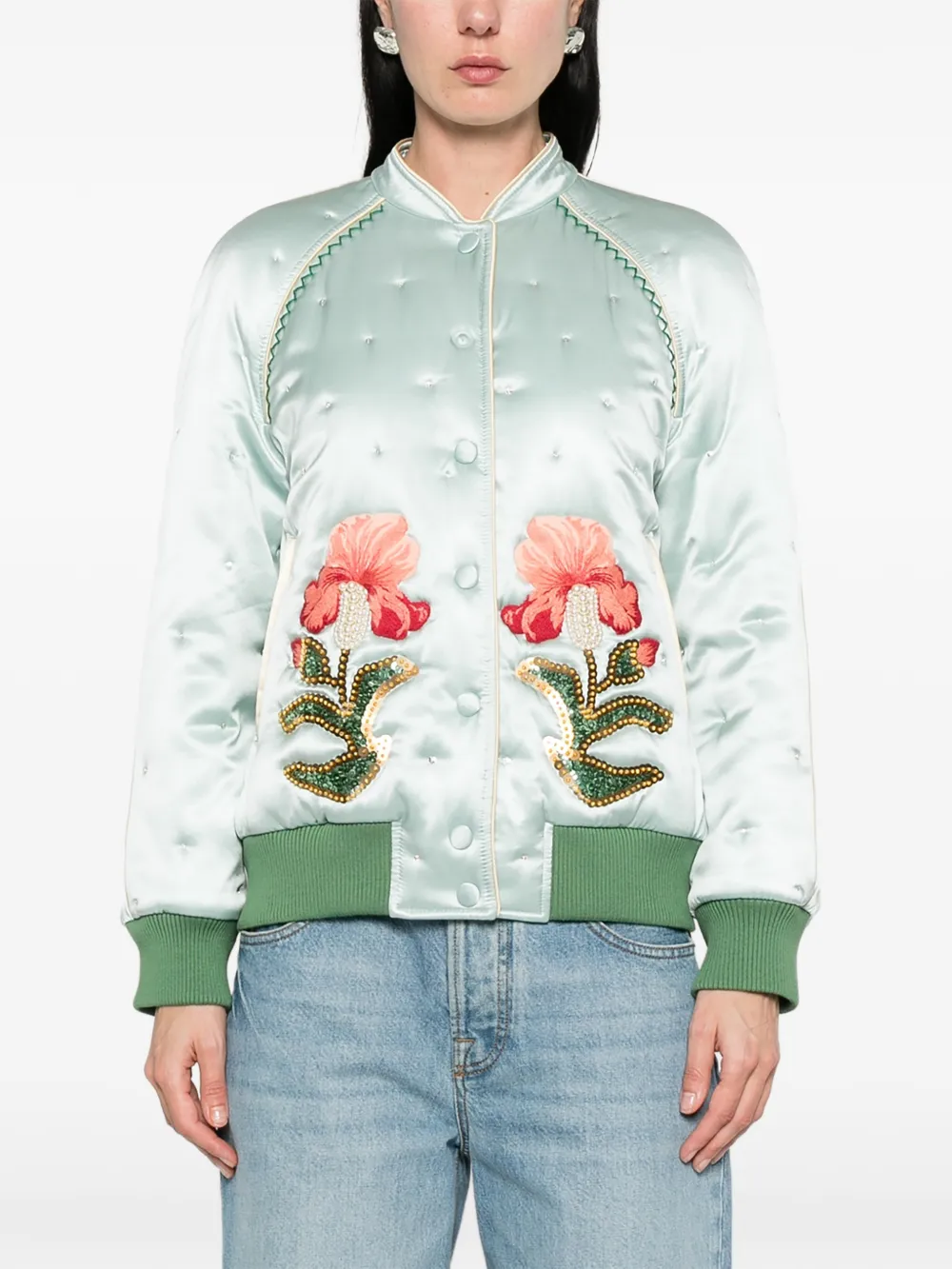 Valentino Garavani Gewatteerd bomberjack met bloemen Blauw