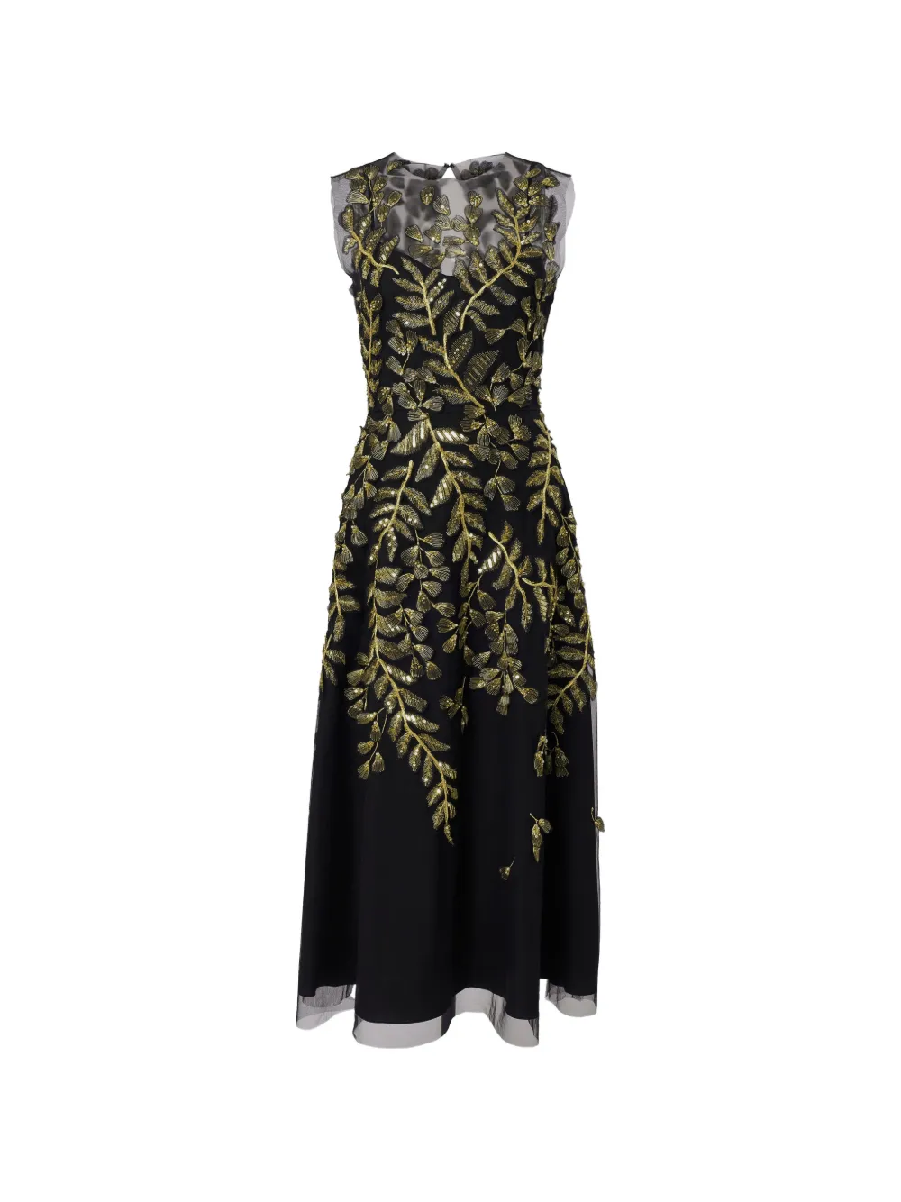 Carolina Herrera gold leaf-embroidered tulle midi dress - Nero