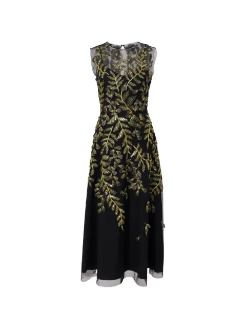 Carolina Herrera gold leaf-embroidered tulle midi dress
