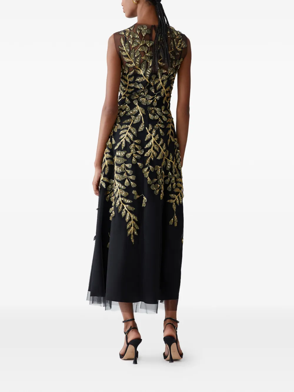 Carolina Herrera Tulen midi-jurk met geborduurde gouden bladeren Zwart