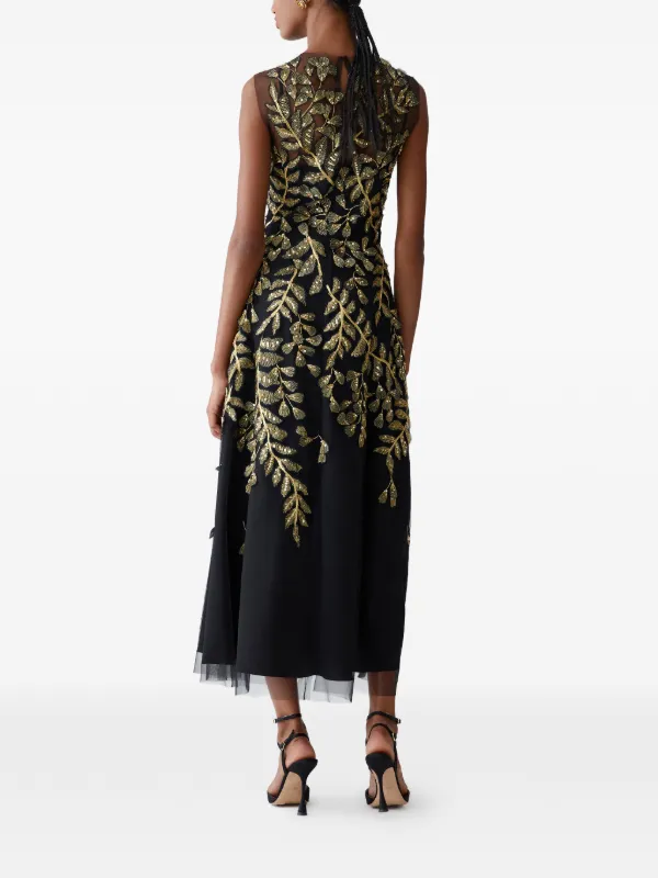 black gold leaf dress Lilly Black Gold Foil Print Puff Sleeve Midi Dress