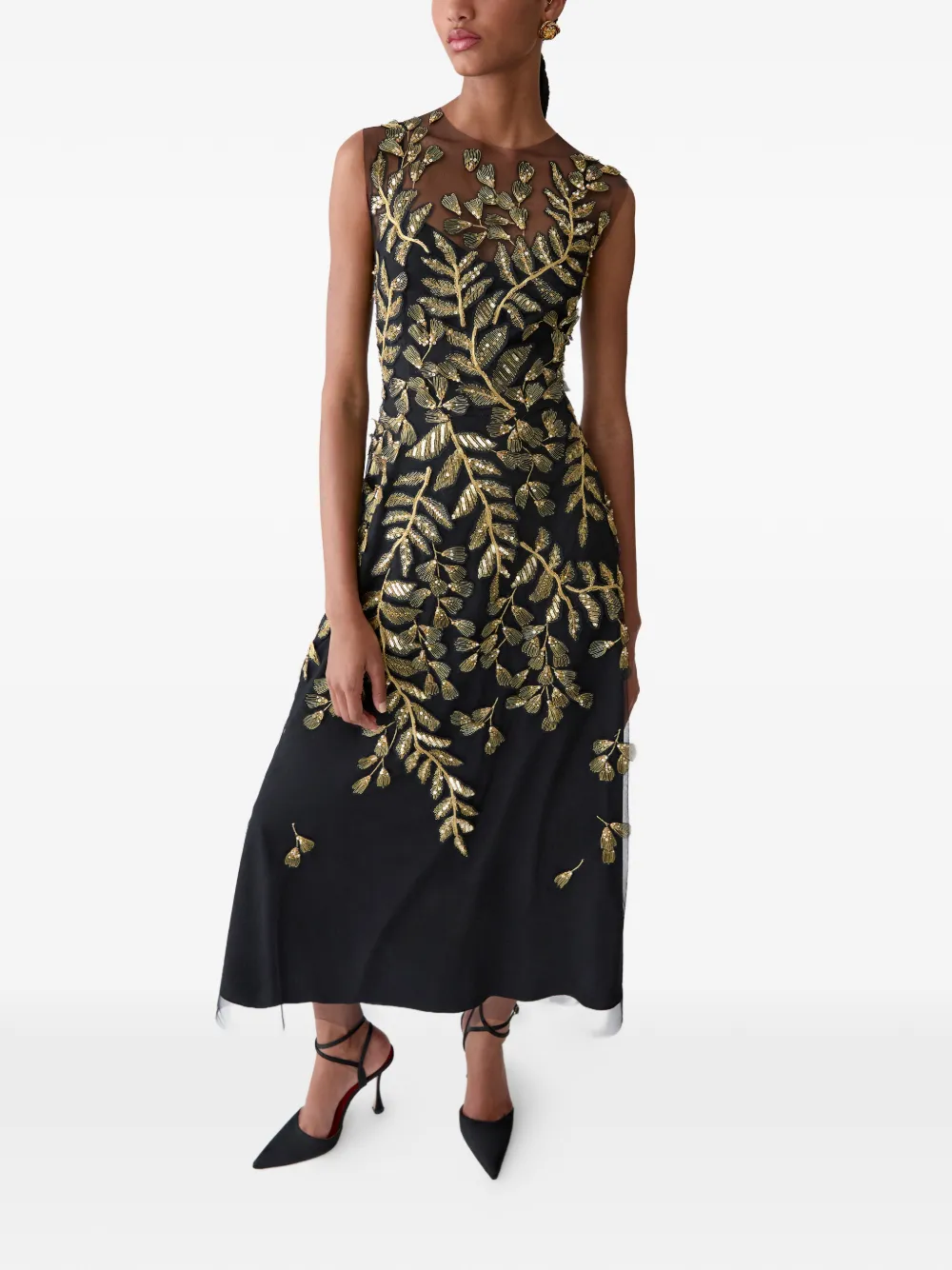 Carolina Herrera Tulen midi-jurk met geborduurde gouden bladeren Zwart