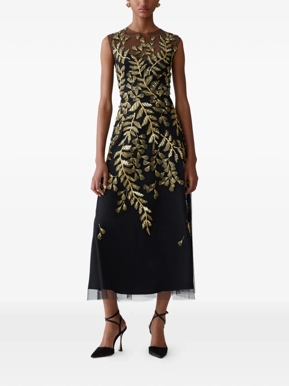 Carolina Herrera Tulen midi-jurk met geborduurde gouden bladeren Zwart