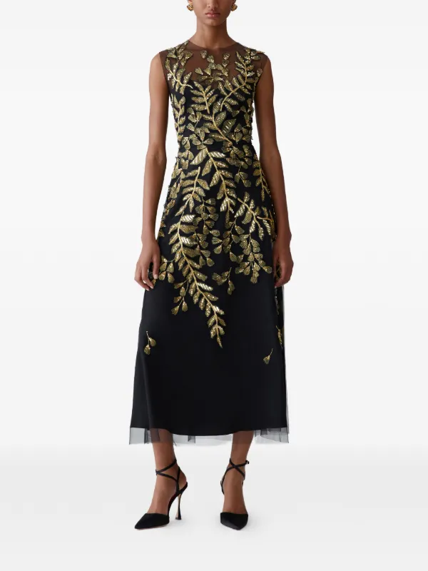 Carolina Herrera Gold Leaf-Embroidered Tulle Midi Dress Carolina Herrera Gold Leaf-Embroidered Tulle Midi Dress