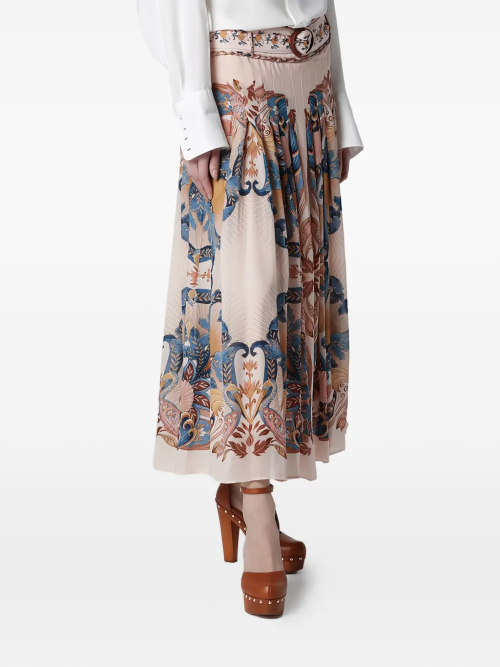FARM Rio Midi-rok met ceintuur en bloemen Beige