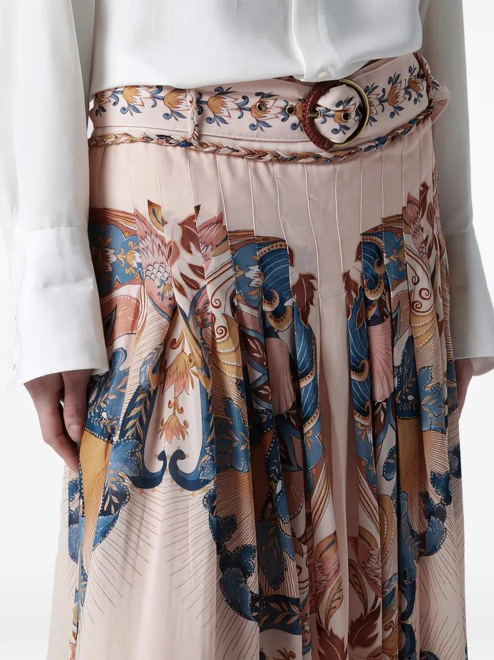 FARM Rio Midi-rok met ceintuur en bloemen Beige