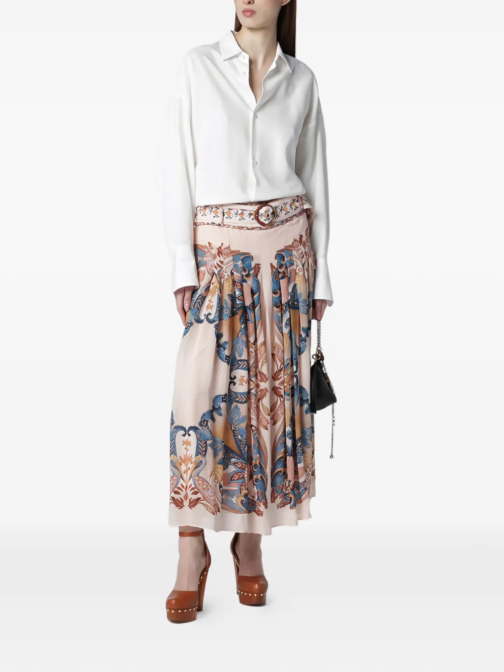 FARM Rio Midi-rok met ceintuur en bloemen Beige