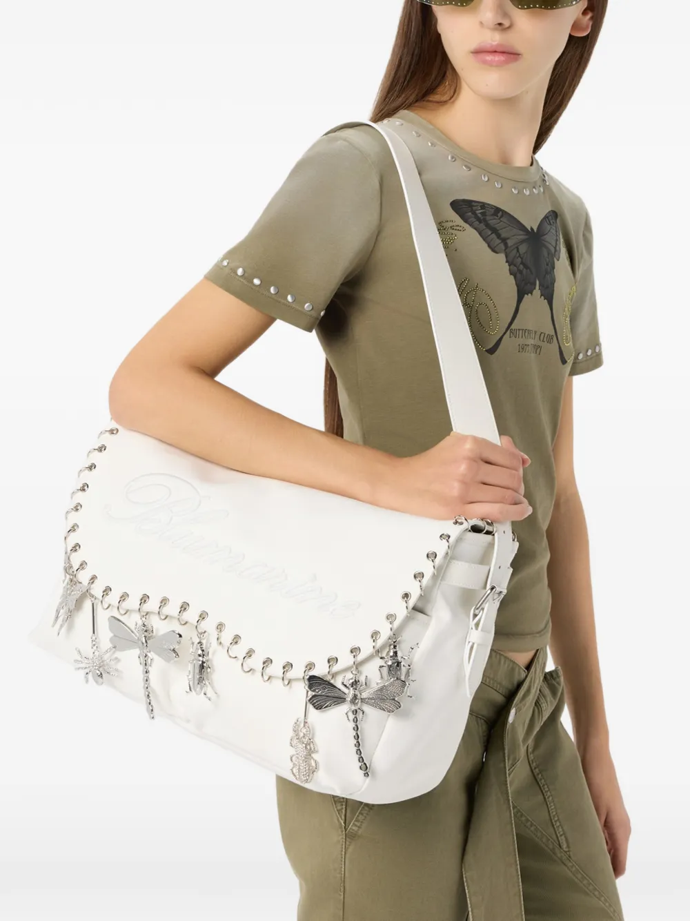  Blumarine Embroidery Insect-charm Shoulder Bag - White 