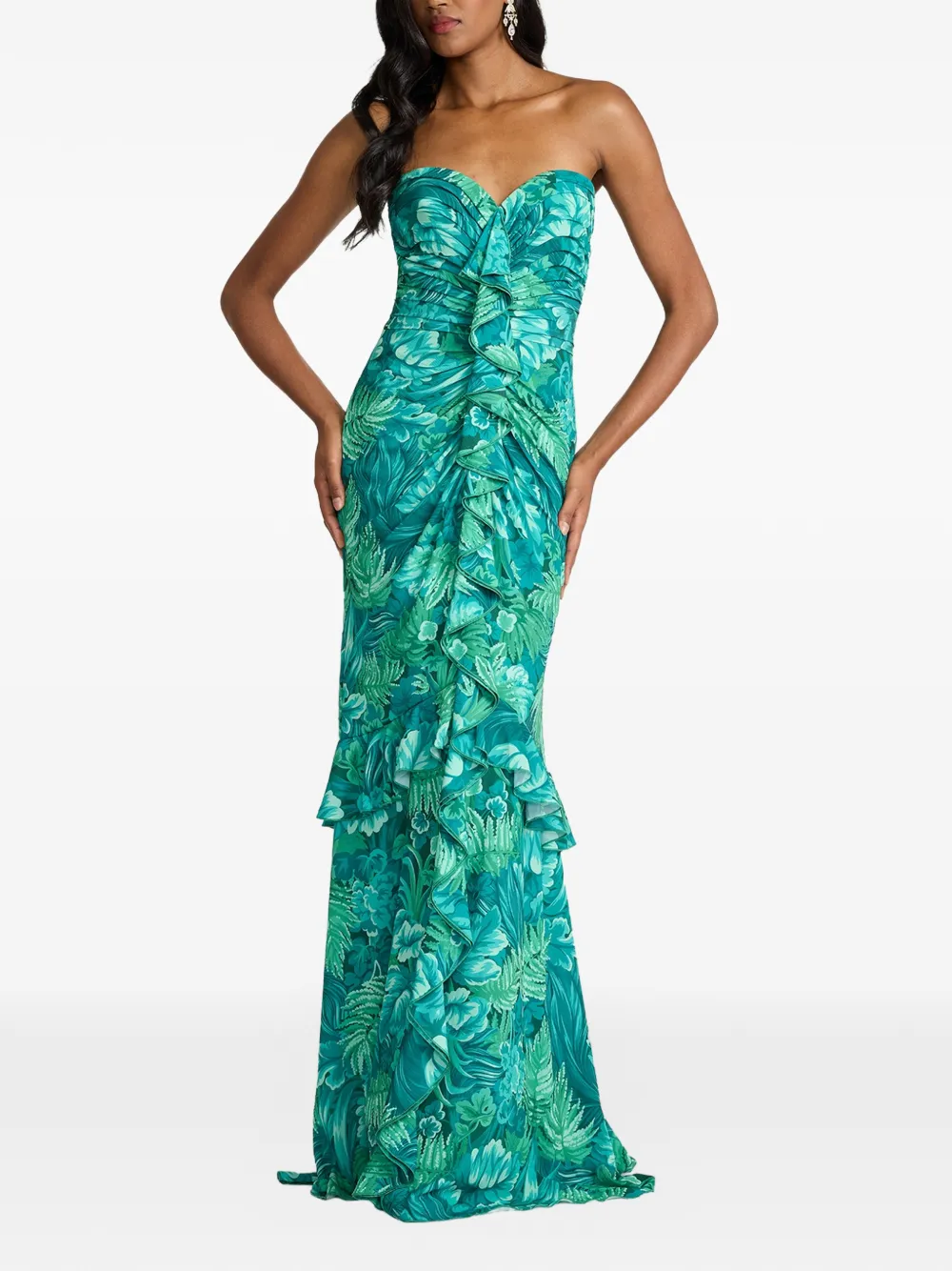 Tadashi Shoji Jurk met ruches en bloemenprint Groen