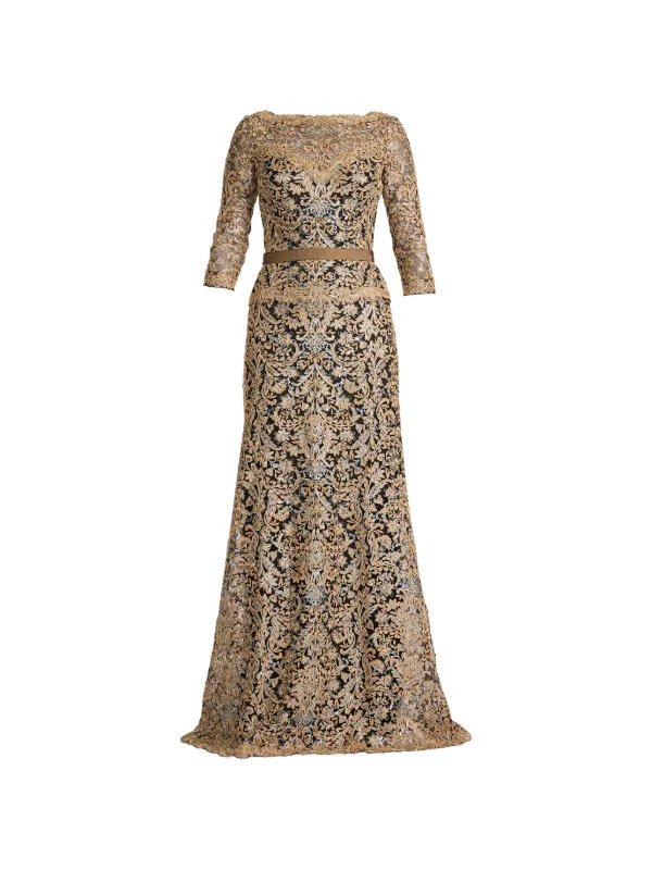 tadashi gold dress Tadashi Shoji Metallic Gold Embroidered Lace Gown M Tadashi Shoji
