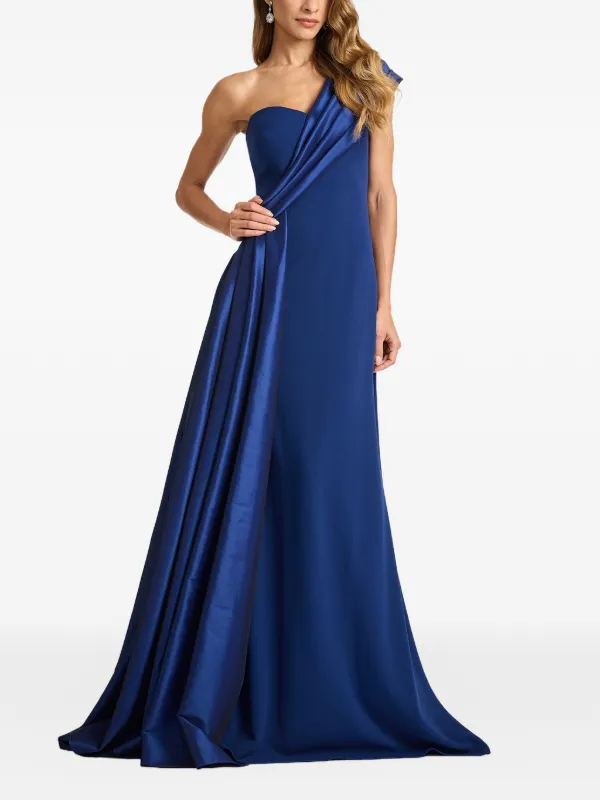 one shoulder drape dress Sumit One-Shoulder Gown cinched at the waist One-Shoulder Drape A-Line Evening Gown