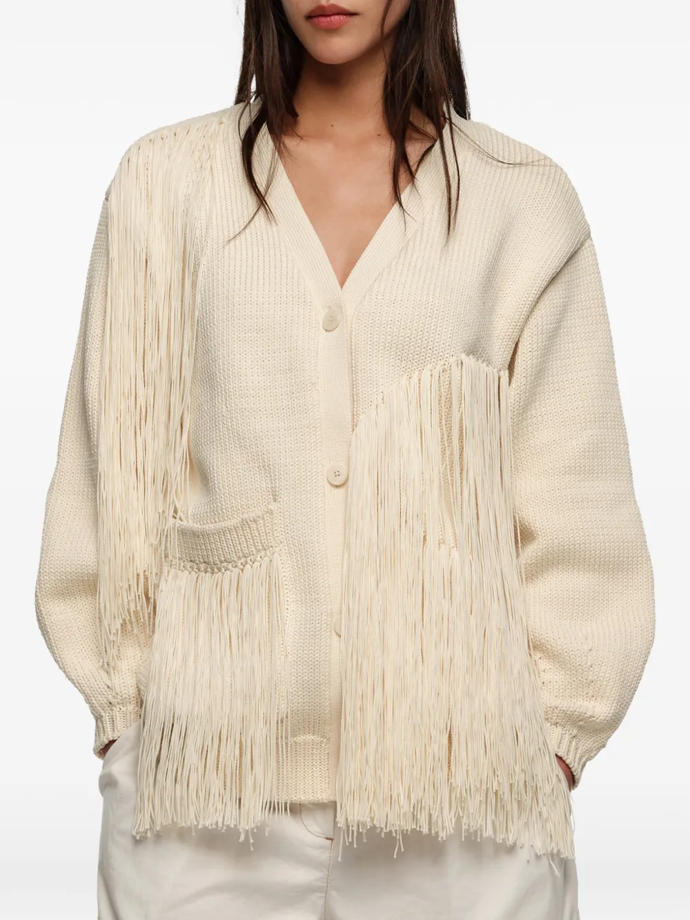  Bimba Y Lola Fringed V-neck Cardigan - Neutrals 