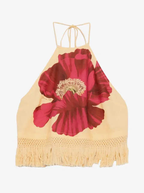 FARM Rio poppy-print fringe-trim top