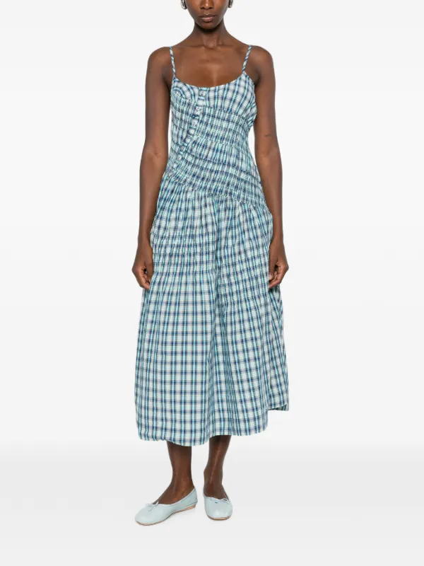 DAMSON MADDER Lyra Shirred Checked Midi Dress | Blue | FARFETCH IL