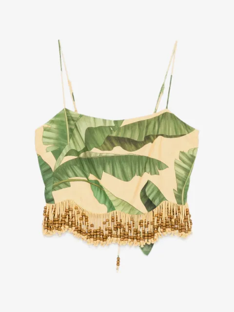 FARM Rio beaded-fringe leaf-print top