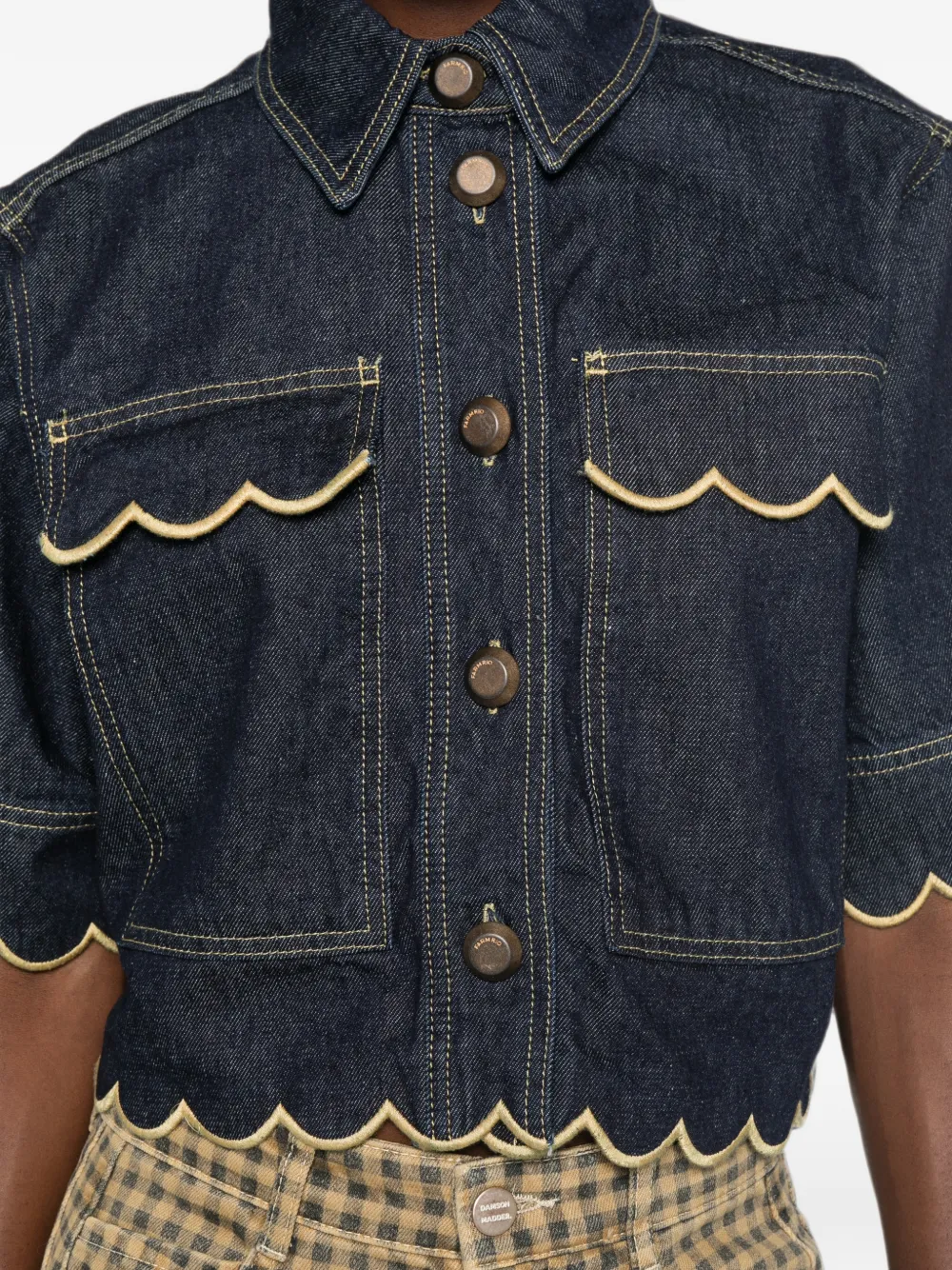 FARM Rio Denim blouse met korte mouwen en golvende zoom Blauw