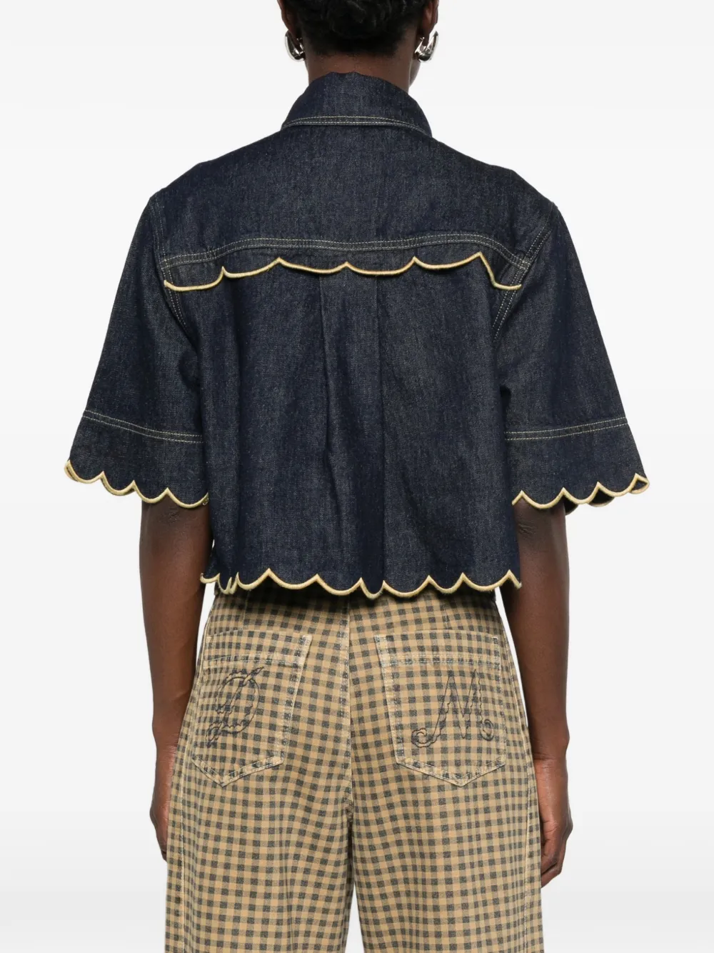 FARM Rio Denim blouse met korte mouwen en golvende zoom Blauw