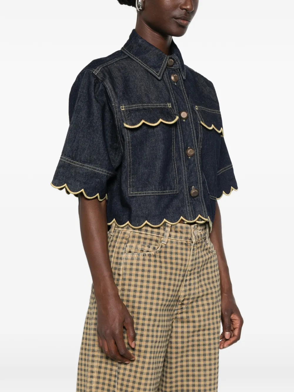 FARM Rio Denim blouse met korte mouwen en golvende zoom Blauw