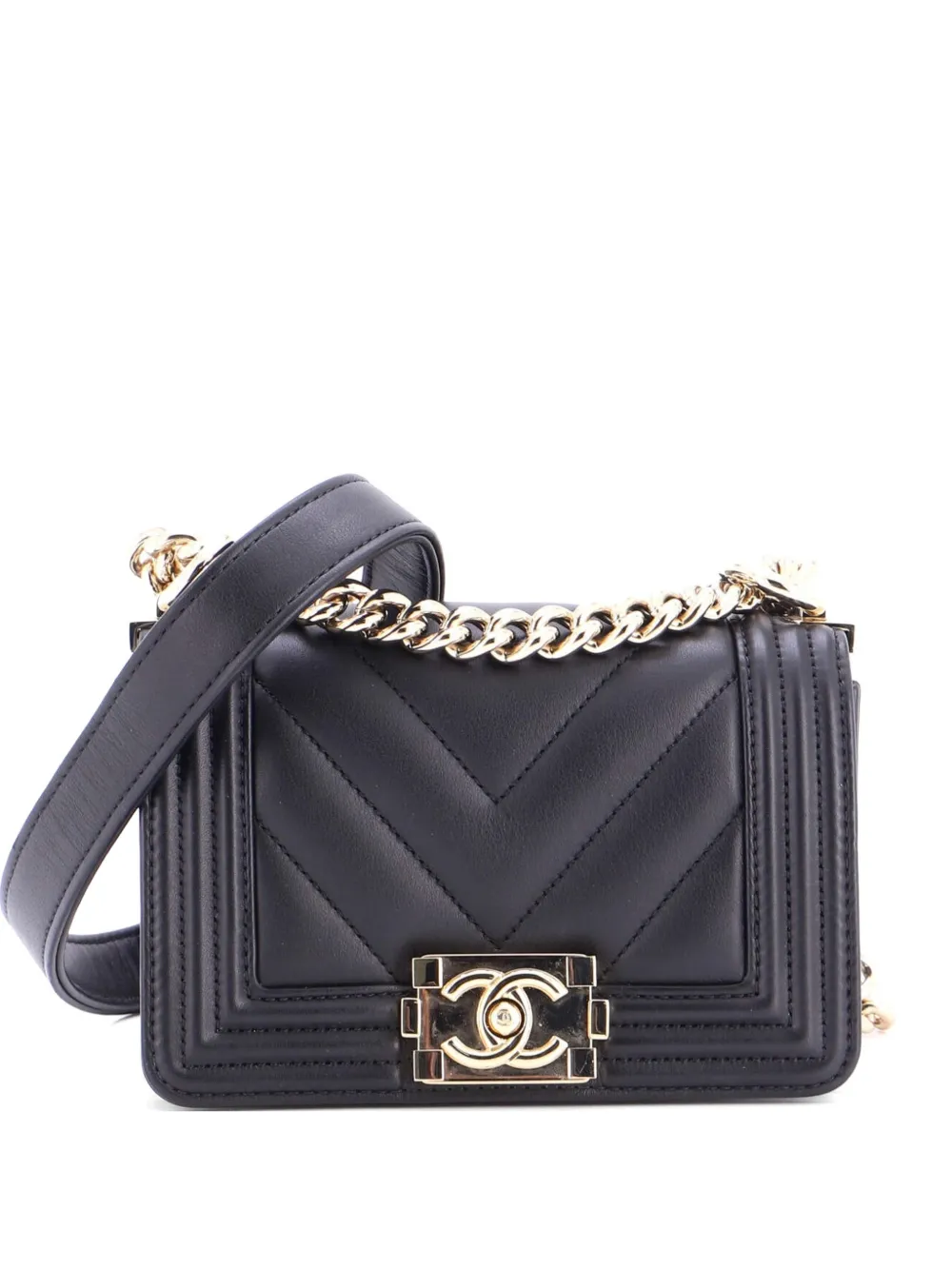 Pre-owned Chanel Boy Flap Bag Chevron Lambskin Mini Shoulder Bag In Black