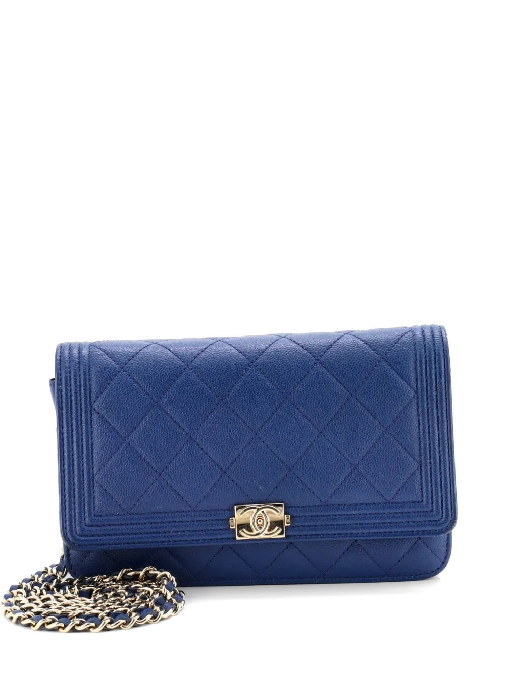 Pre-owned Chanel Boy Wallet On Chain Quilted Caviar Crossbody Bag In Blue
