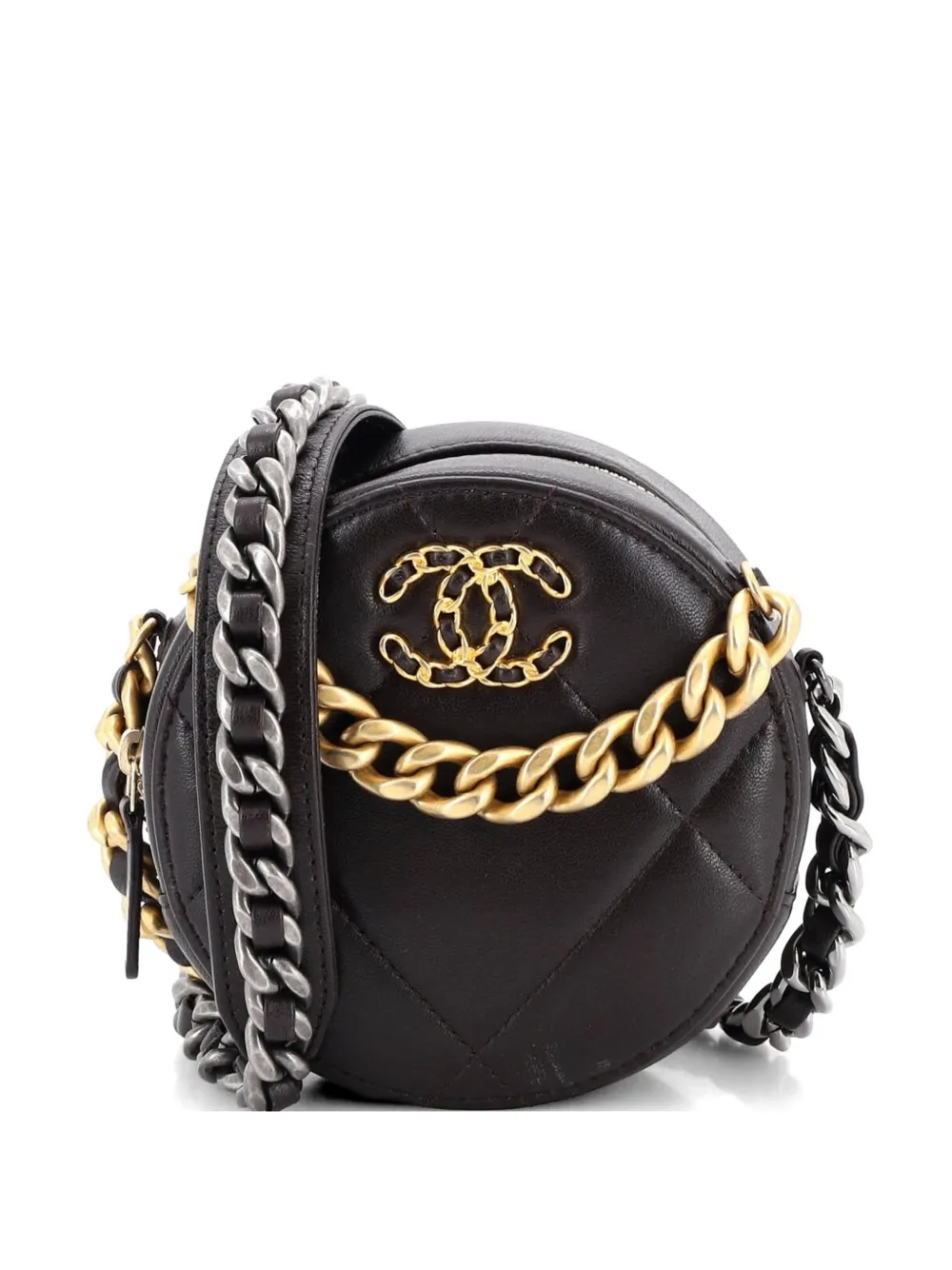 Pre-owned Chanel 19 Round With Chain Quilted Leather Clutch Bag In Brown