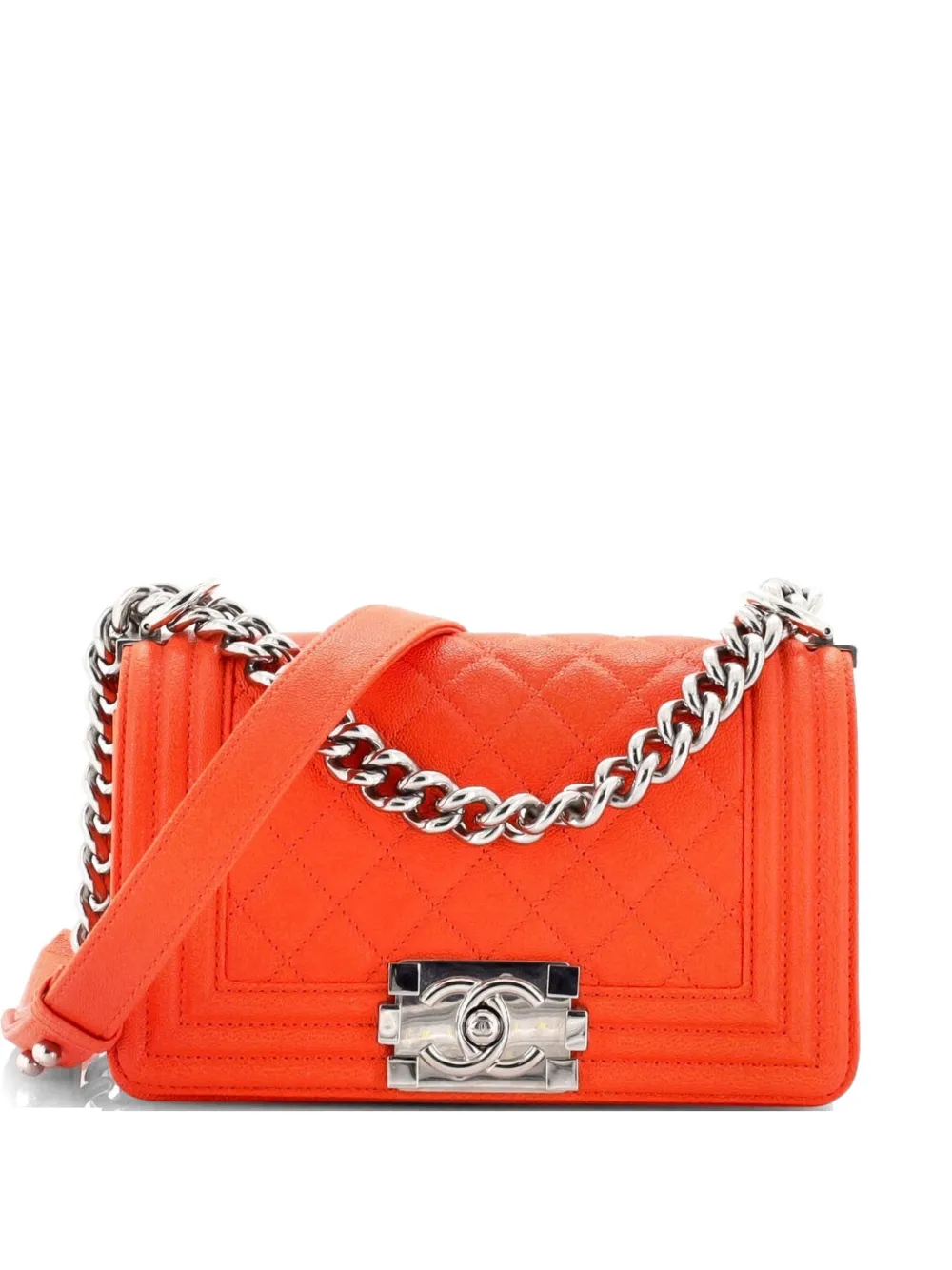 Pre-owned Chanel Boy Flap Bag Quilted Caviar Small Crossbody Bag In Orange