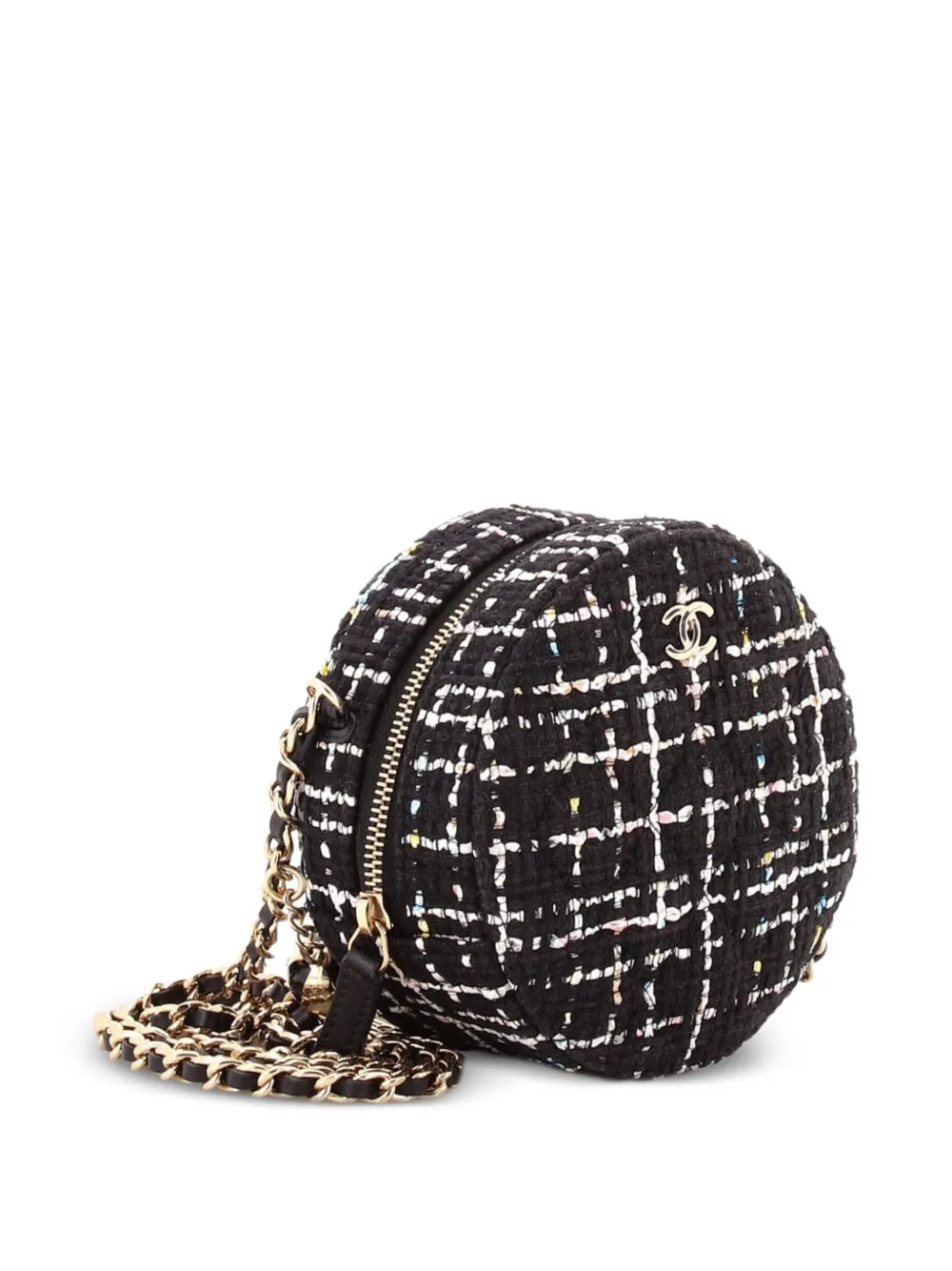 Chanel Pre-owned Charm Round Clutch with Chain Quilted Tweed Crossbody Bag in Black, view 3
