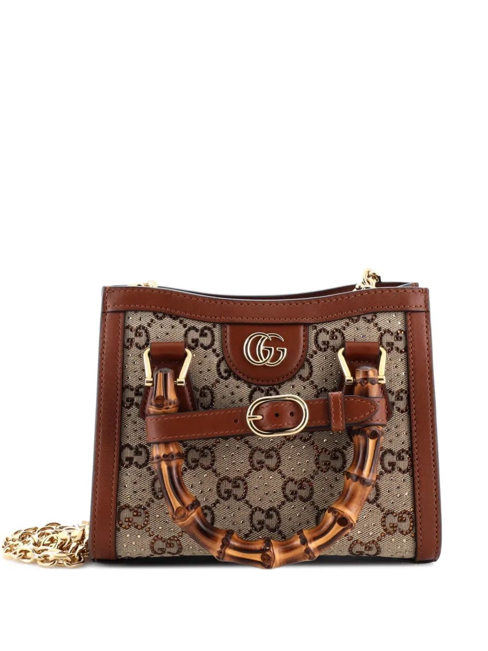 Gucci Pre-Owned Diana NM Bamboo Handle Crystal Embellished GG Canvas Mini tote bag - Marrone