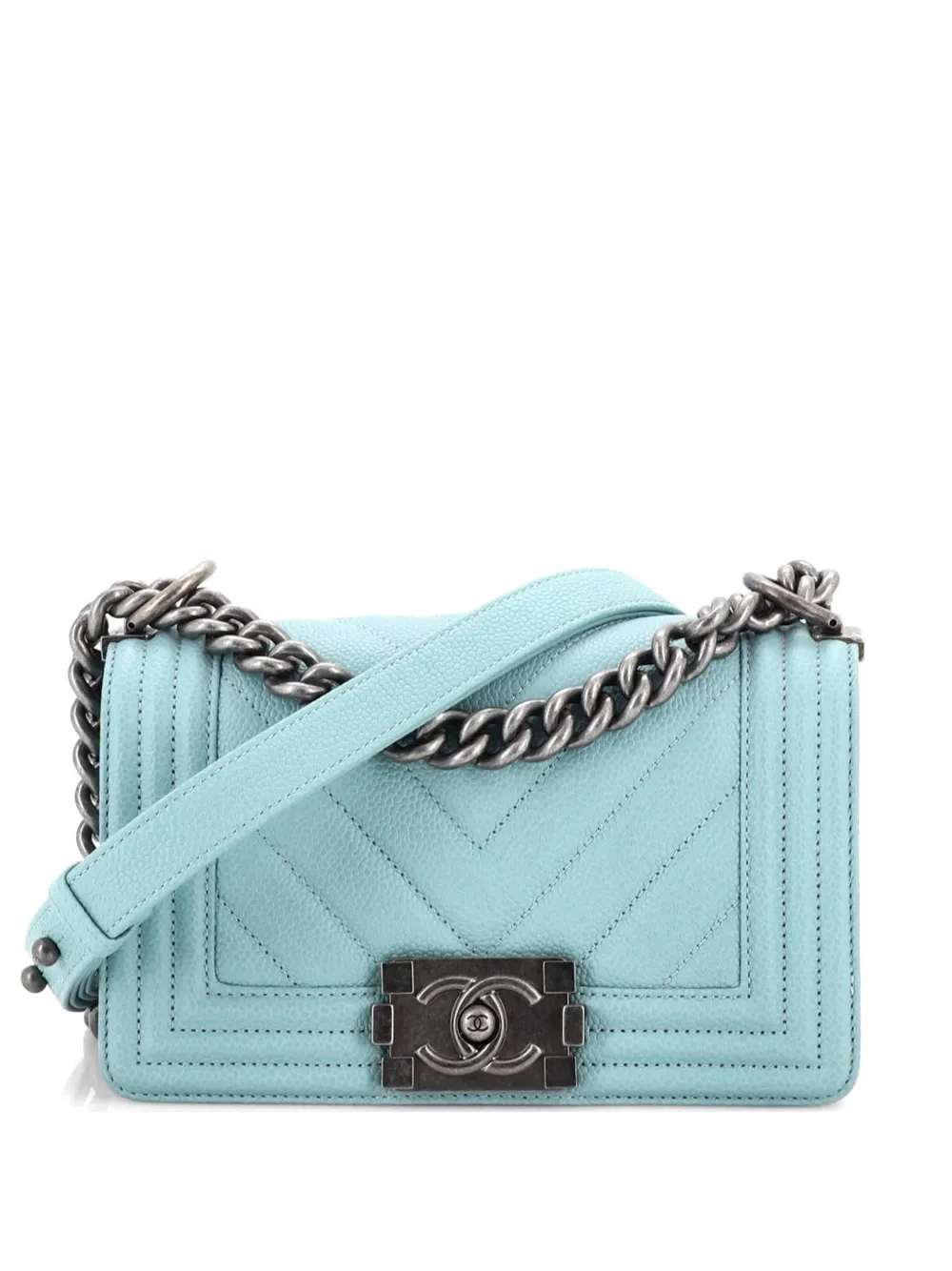 Pre-owned Chanel Boy Flap Bag Chevron Caviar Small Crossbody Bag In Blue