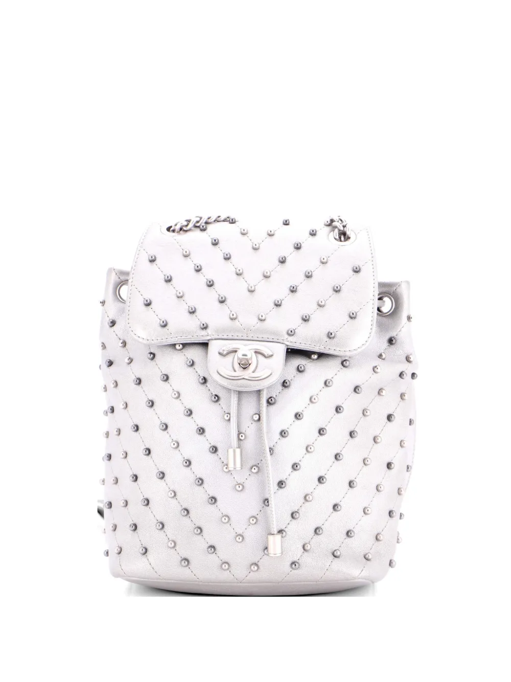 Pre-owned Chanel Stud Wars Studded Chevron Calfskin Backpack In Silver