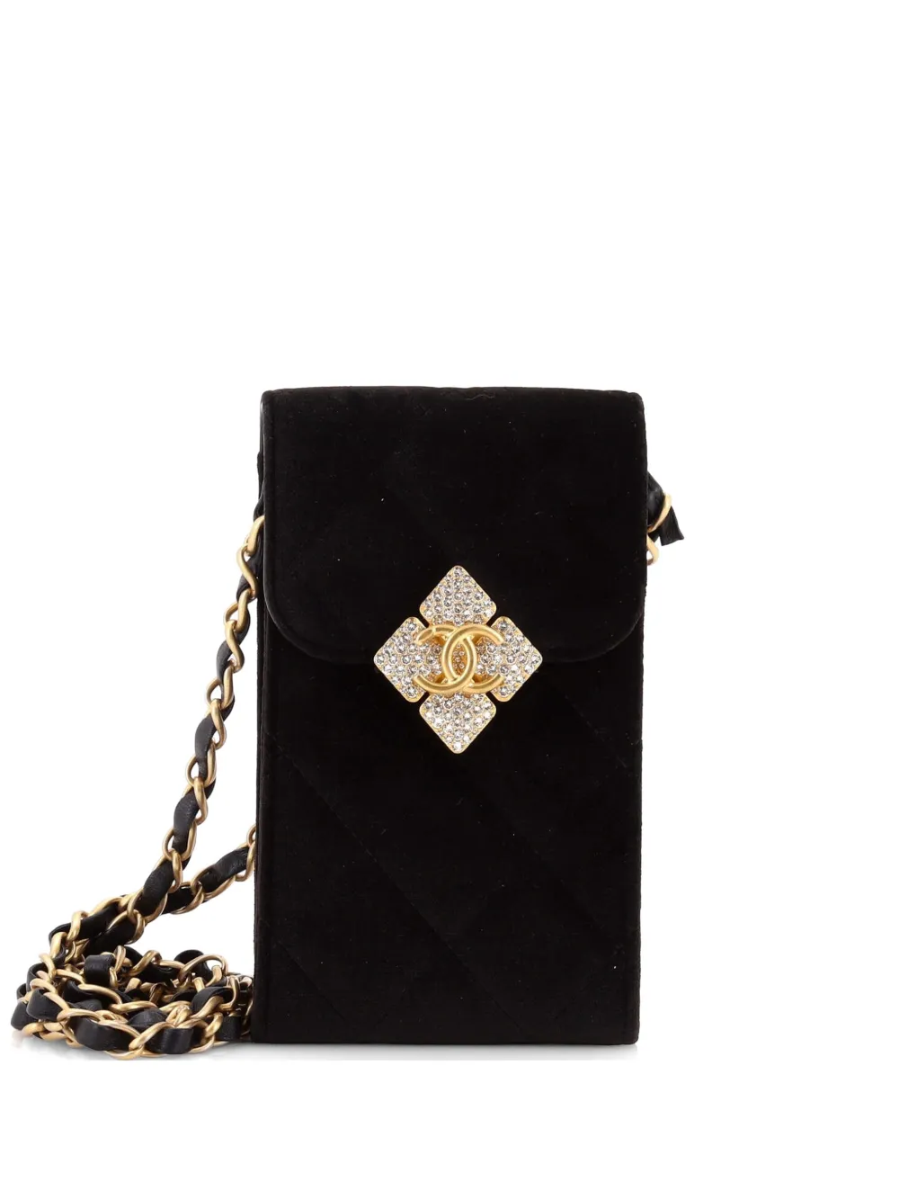 Pre-owned Chanel Diamond Lock Cc Phone Holder With Chain Quilted Velvet With Crystals Crossbody Bag In Black