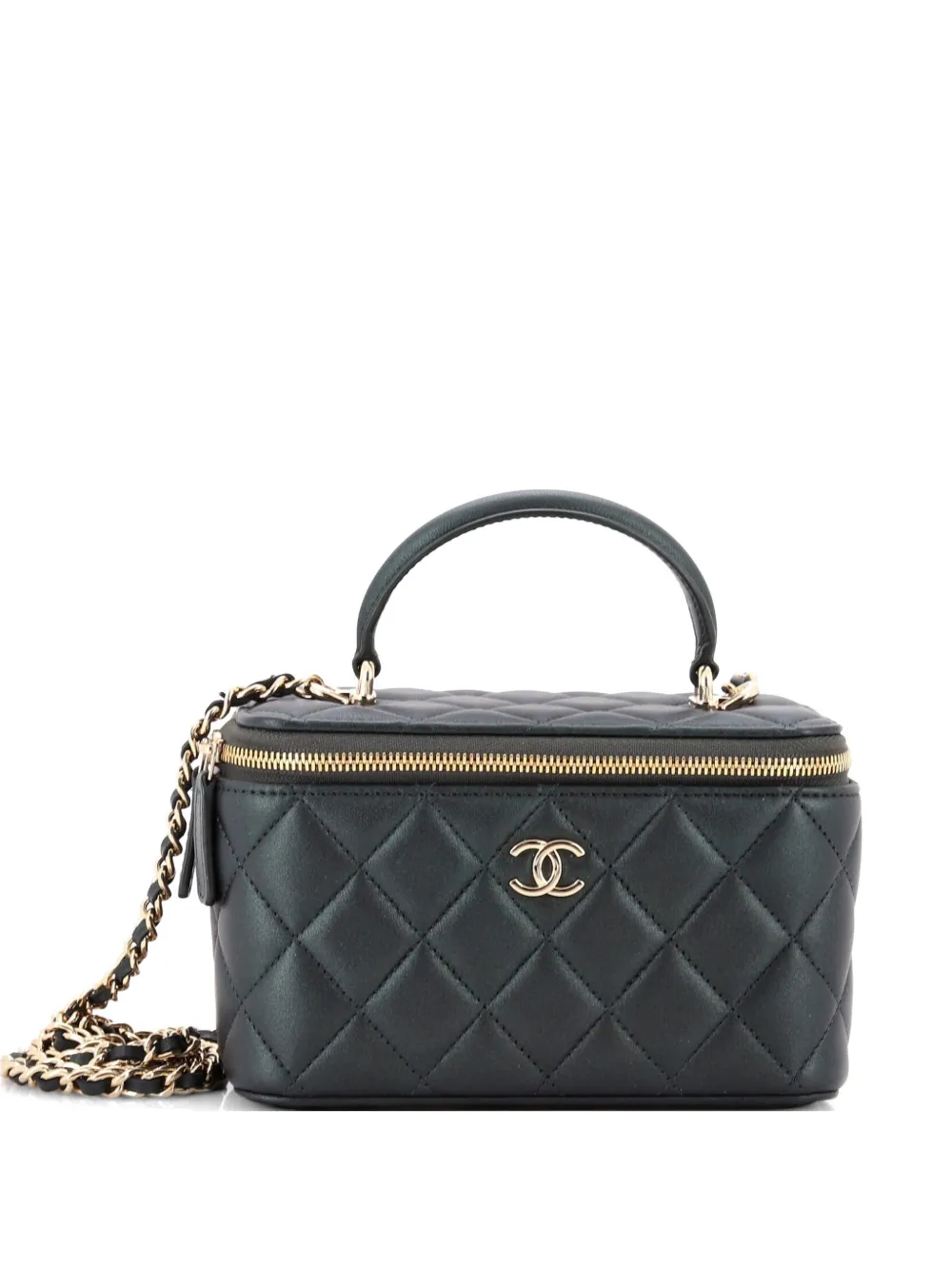 Pre-owned Chanel Classic Top Handle Vanity Case With Chain Quilted Lambskin Small Crossbody Bag In Green