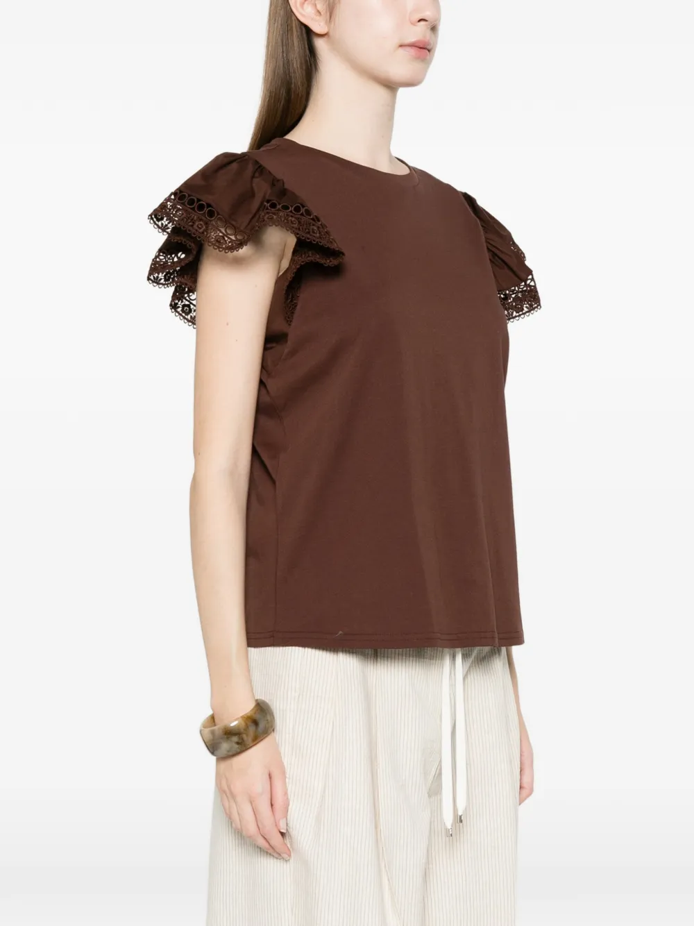  Twinset Lace Puff-sleeved T-shirt - Brown 