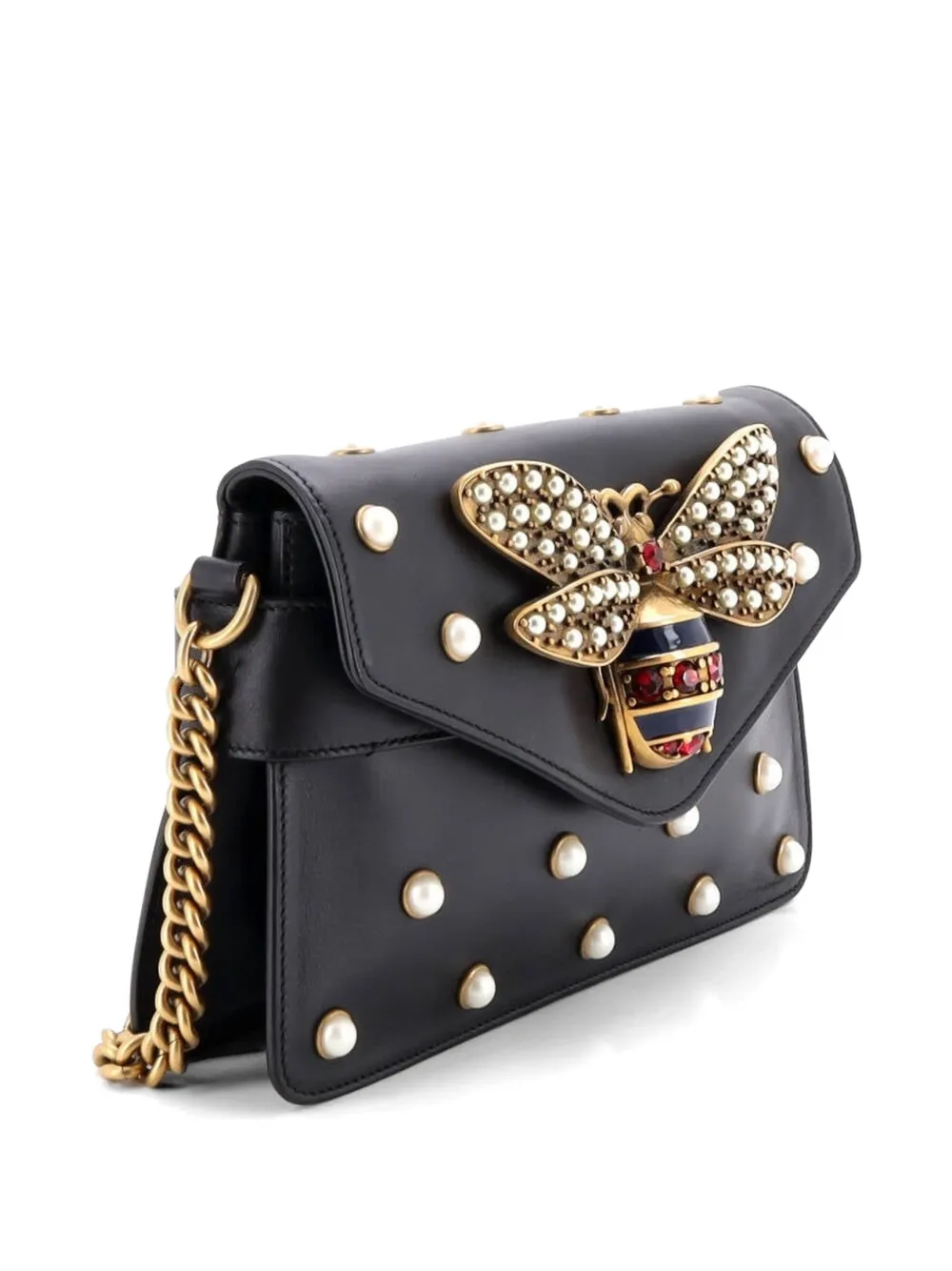 Gucci Pre-Owned Broadway Pearly Bee Embellished Leather Mini shoulder bag - Nero