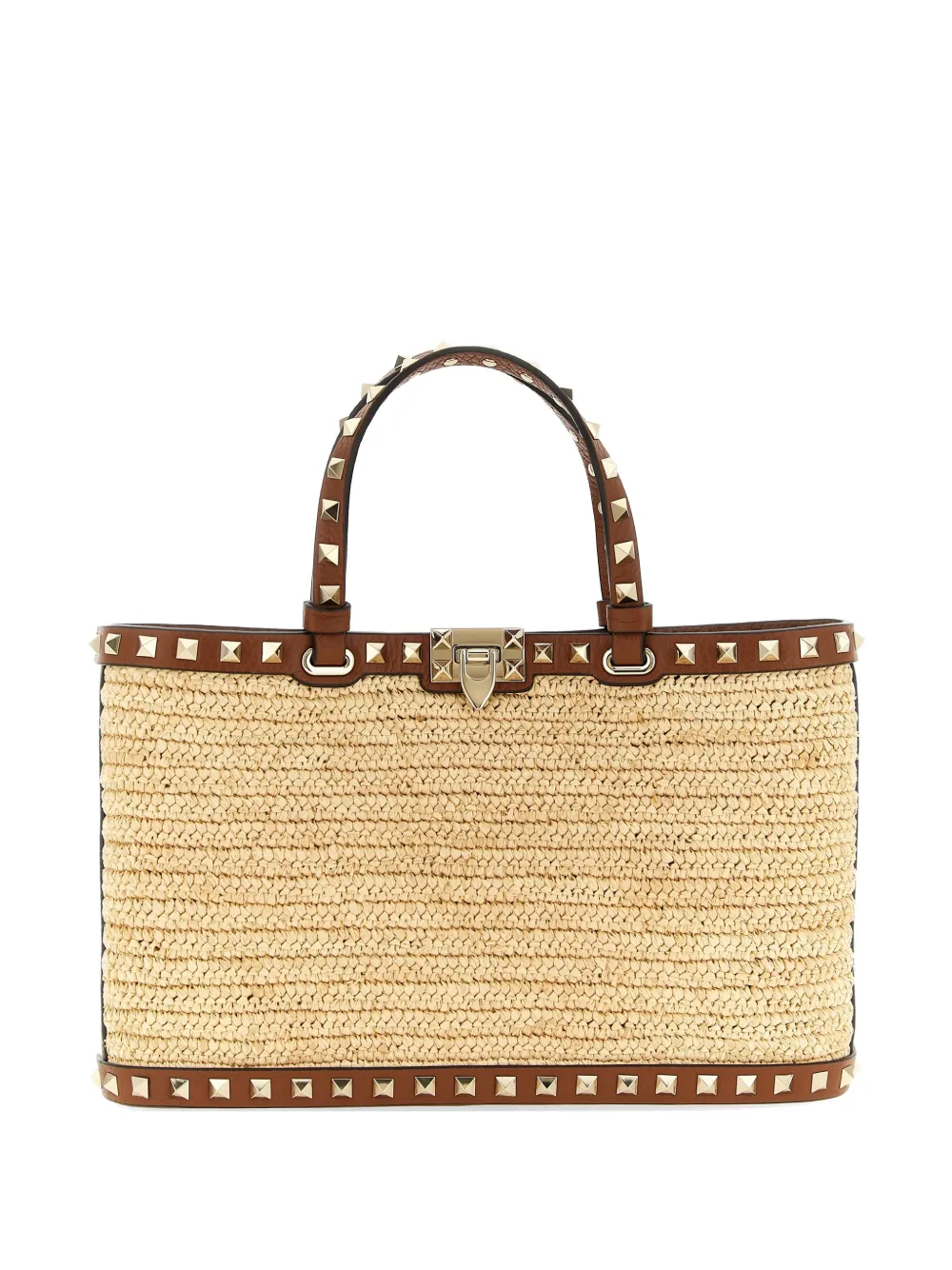 Valentino Garavani Rockstud woven raffia tote bag - Toni neutri