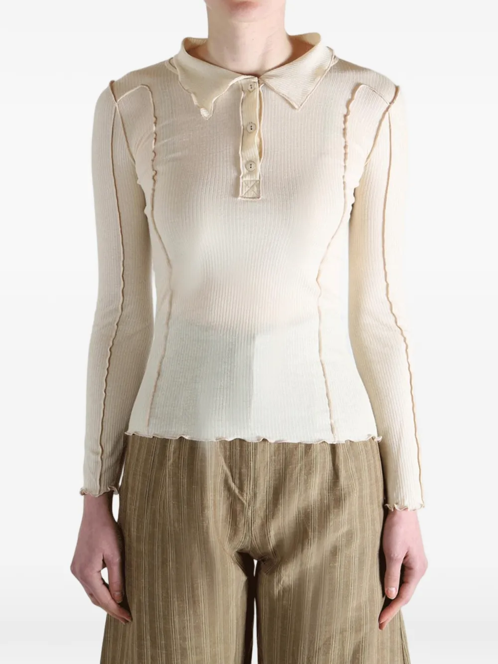 Baserange Poloshirt met ruches Beige