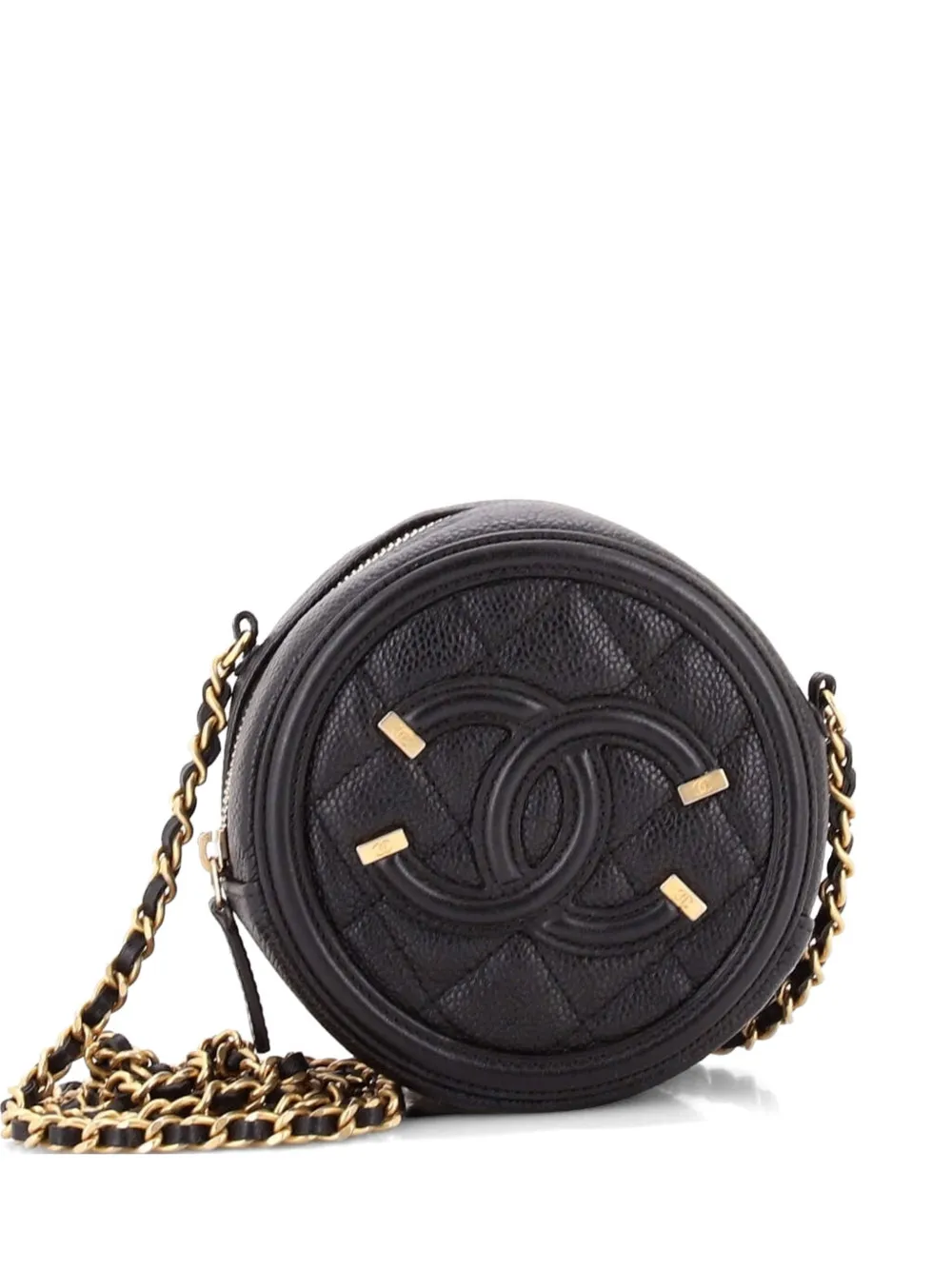 Pre-owned Chanel Filigree Round Clutch With Chain Quilted Caviar Mini Crossbody Bag In Black