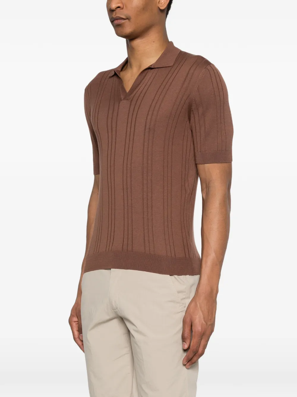 Tagliatore Geribbeld T-shirt met V-hals Bruin
