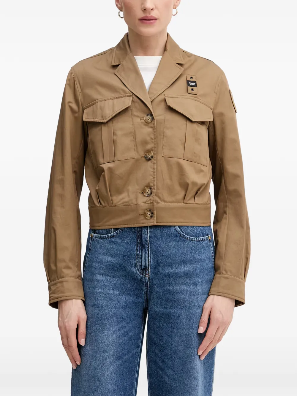 Blauer Clement Logo-patch Flap-pocket Cropped Jacket In Brown