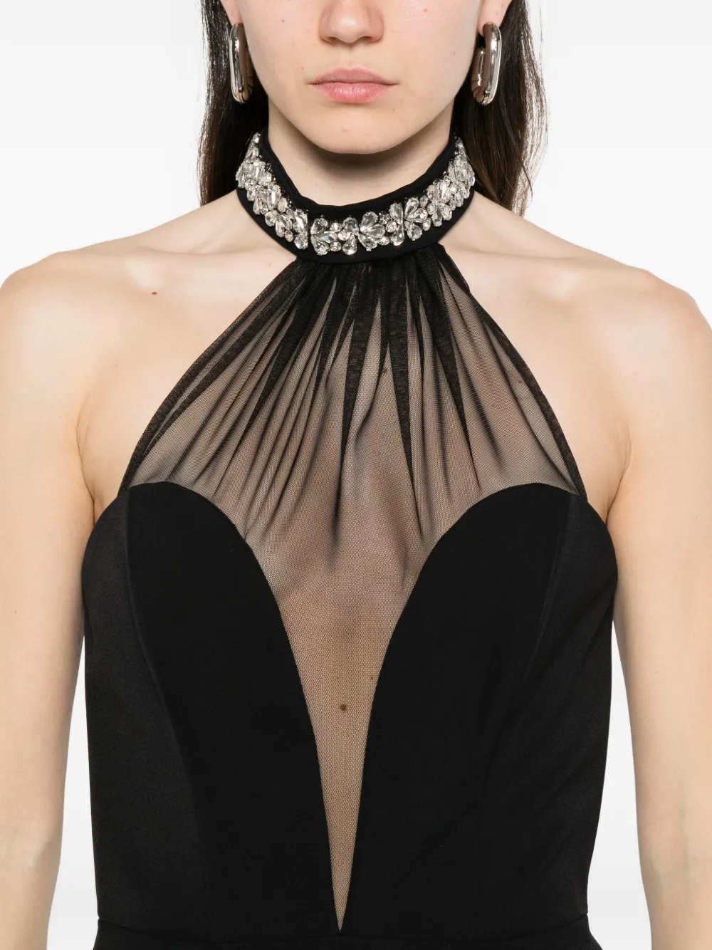 Embellished Mesh-Panel Maxi Dress