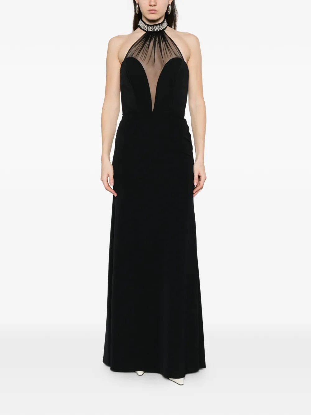 Embellished Mesh-Panel Maxi Dress