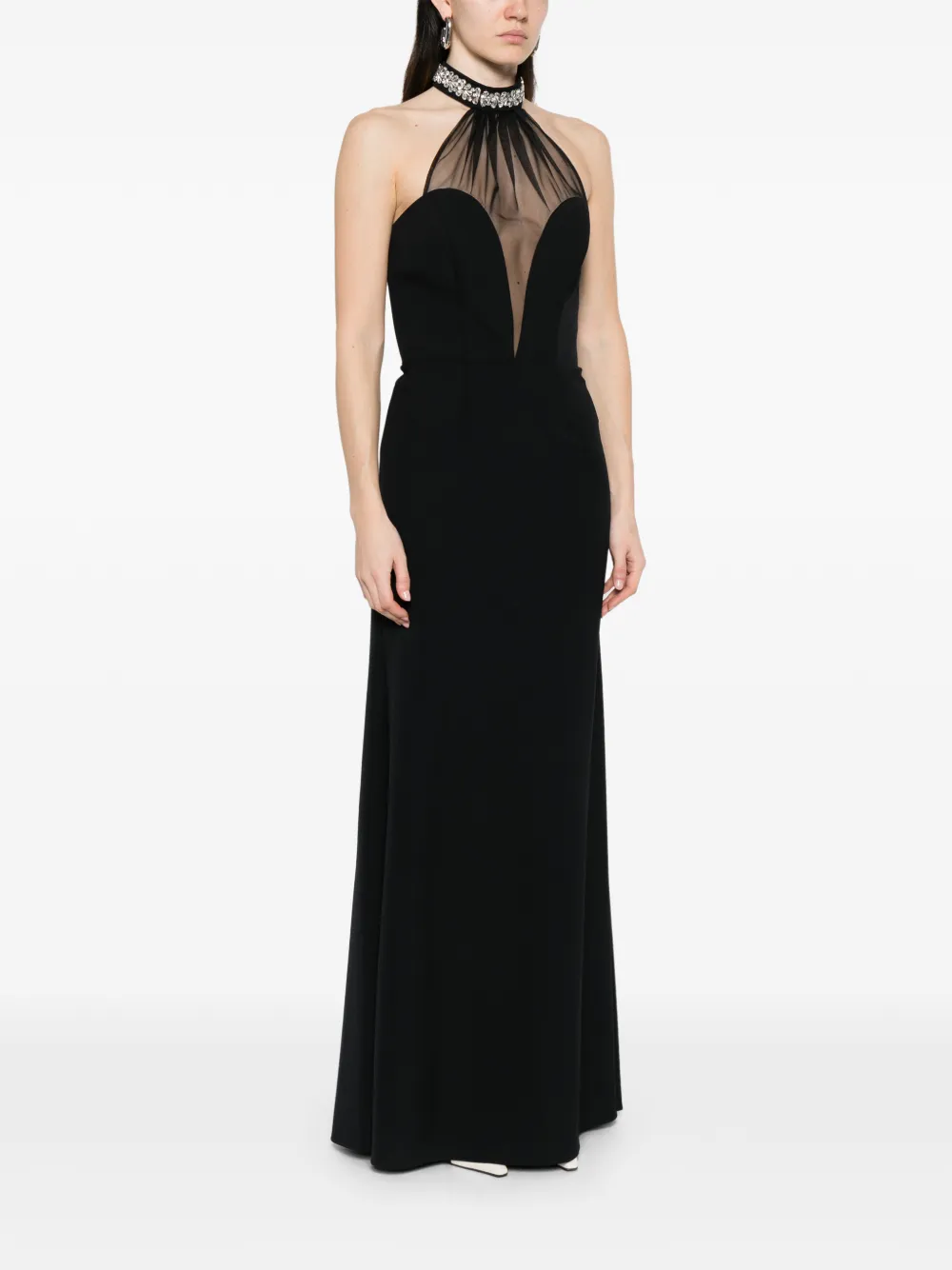 Embellished Mesh-Panel Maxi Dress