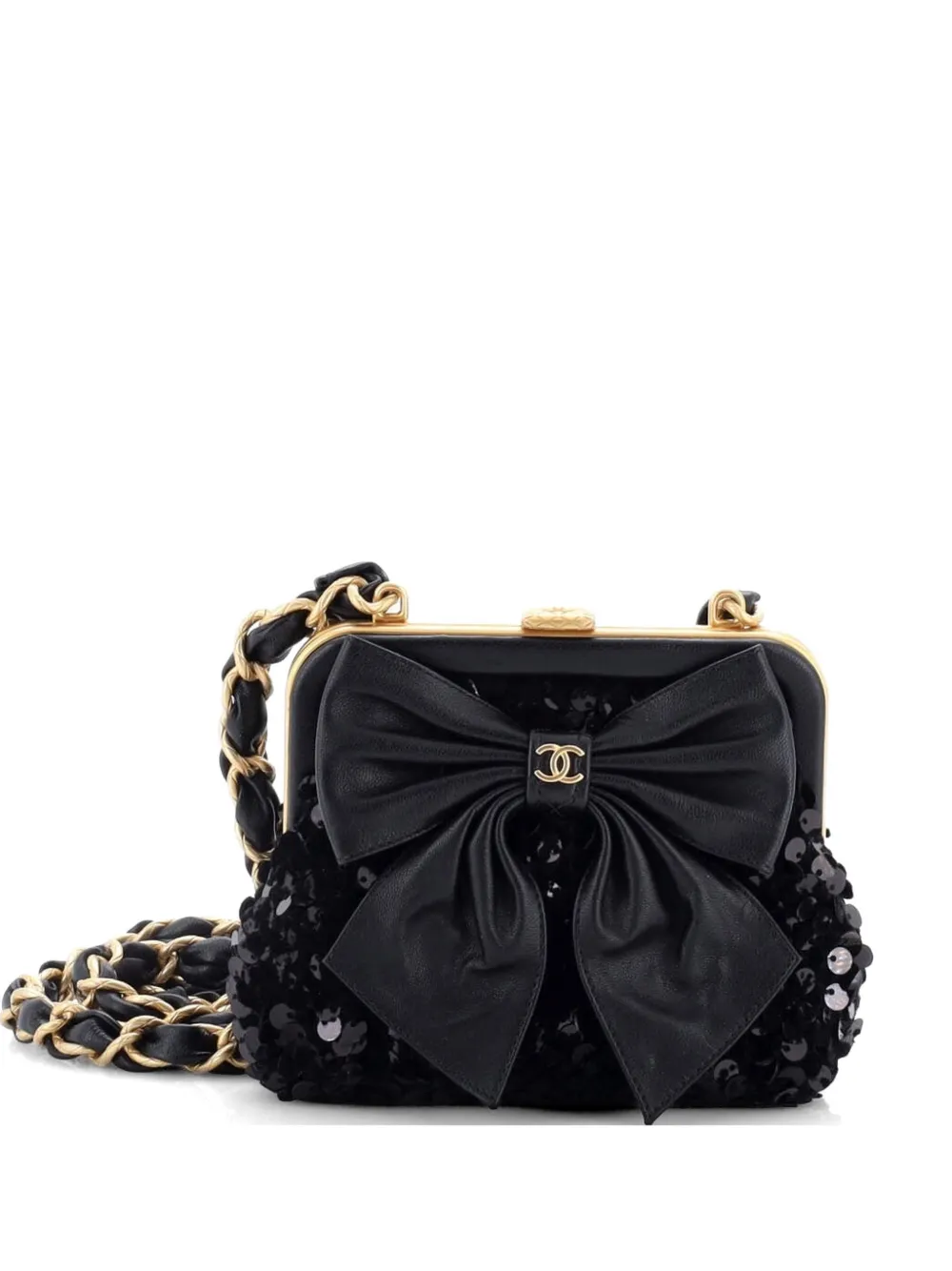 Pre-owned Chanel Bow Frame With Chain Sequin Embellished Tweed With Leather Mini Clutch Bag In Black