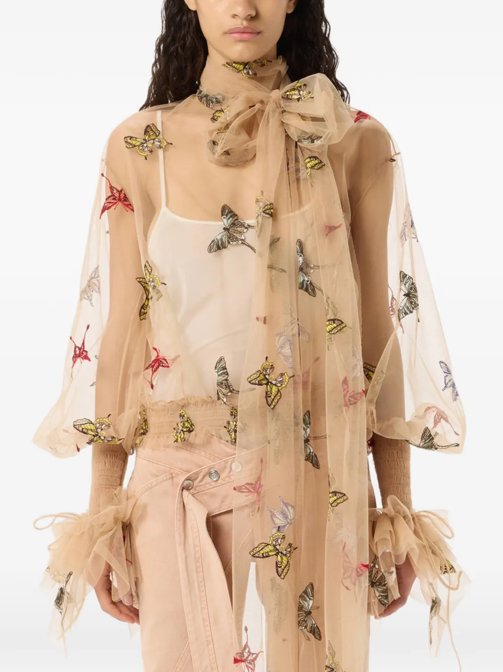 Blumarine Mesh blouse met geborduurde vlinder Beige