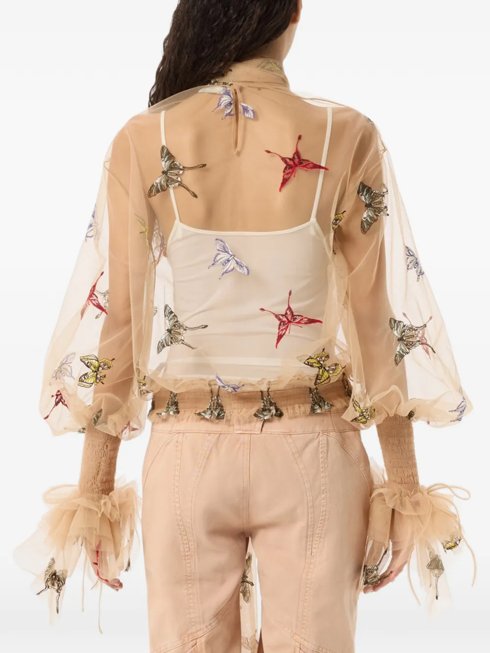 Blumarine Mesh blouse met geborduurde vlinder Beige